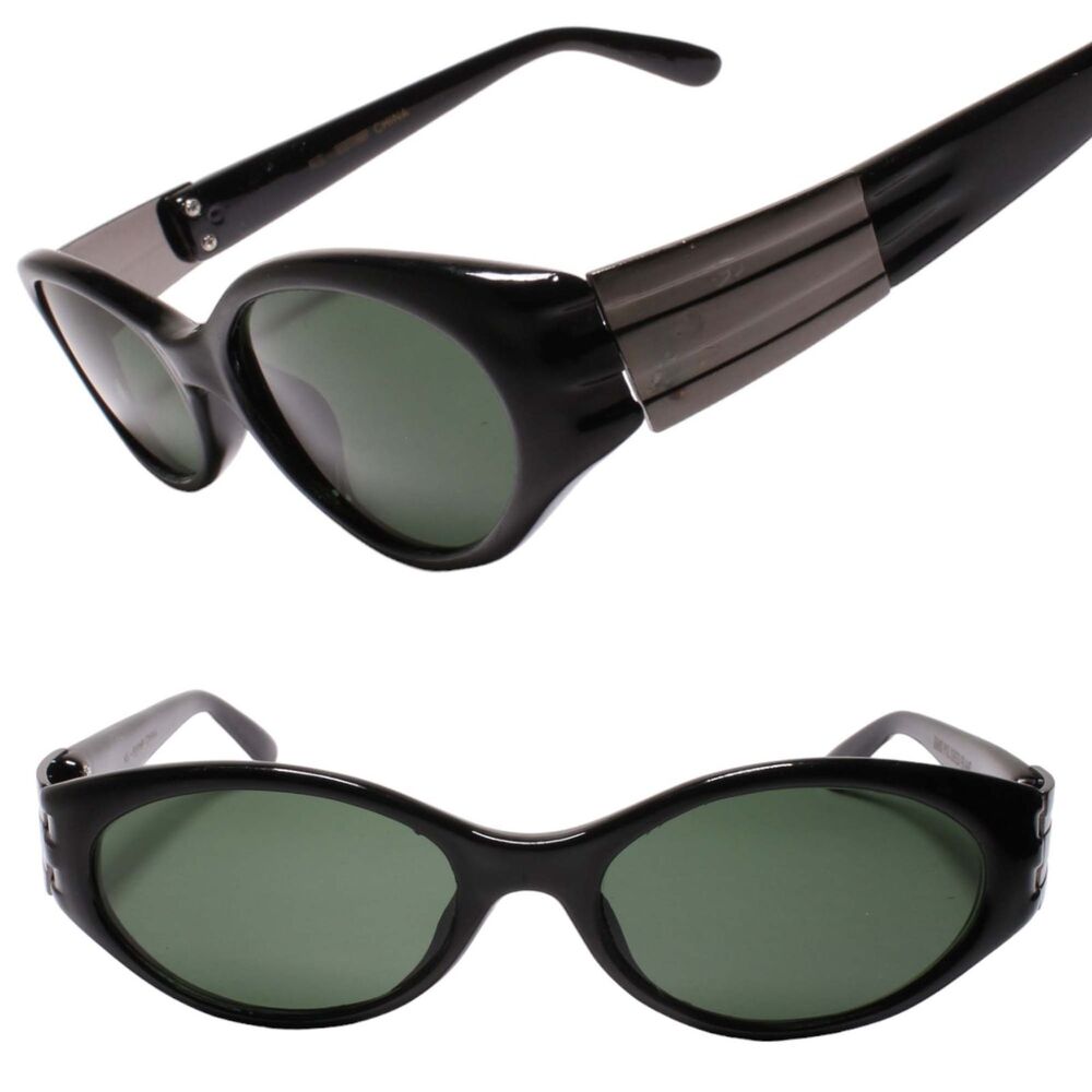 90s Hip Old Stock Genuine Vintage Metallic accents Temple Oval Black Sunglasses